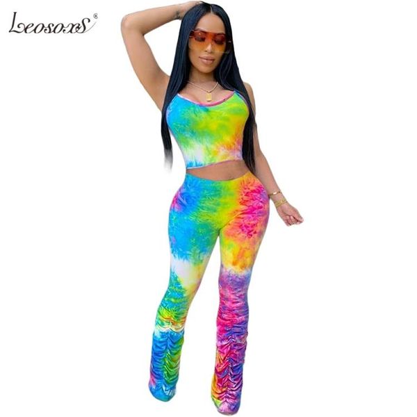 

women's tracksuits tie dye two piece set women summer festival clothing 2021 2 crop and stacked pants matching sets club outfits, Gray