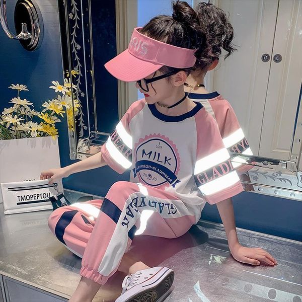 

kids clothing 2 pcs girls luminous sets summer short sleeve t shirt pants children clothes 6 7 9 10 11, White