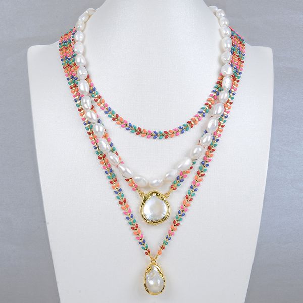 

guaiguai jewelry multi color enamel chain cultured white baroque pearl statement necklace keshi pearl charm pendant necklace for women, Silver