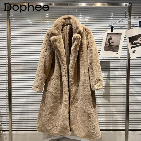 

women's trench coats runway loose quilted furry fur coat for women lapel thicken warm cloak overcoat female 2021 winter long plush clot, Tan;black