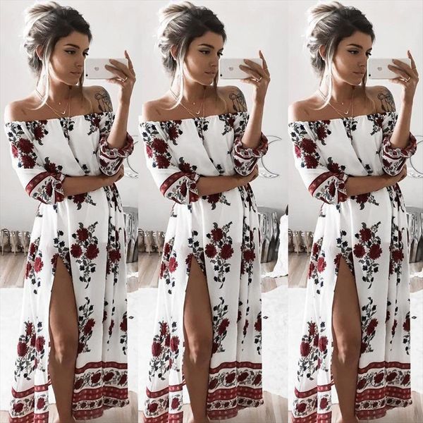 

boho summer off shoulder women dress holiday beach long maxi vintage floral printed half sleeve slash neck vestidos, Black;gray