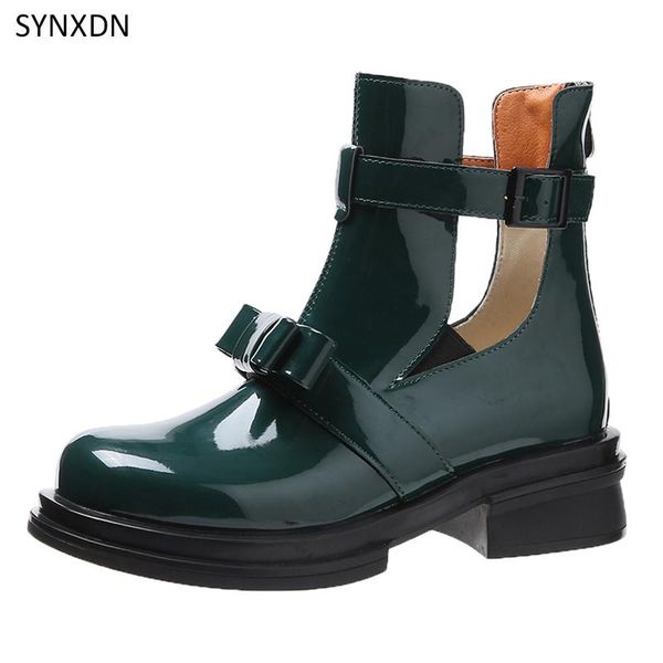 

boots synxdn women ankle patent leather fashion short botas zipper bowknot combat demonias shoes platform punk botines mujer, Black