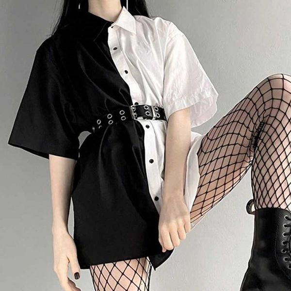 

women's blouses & shirts goth girl dark punk shirt women short sleev black white patchwork loose blouse fashion gothic streetwear femal