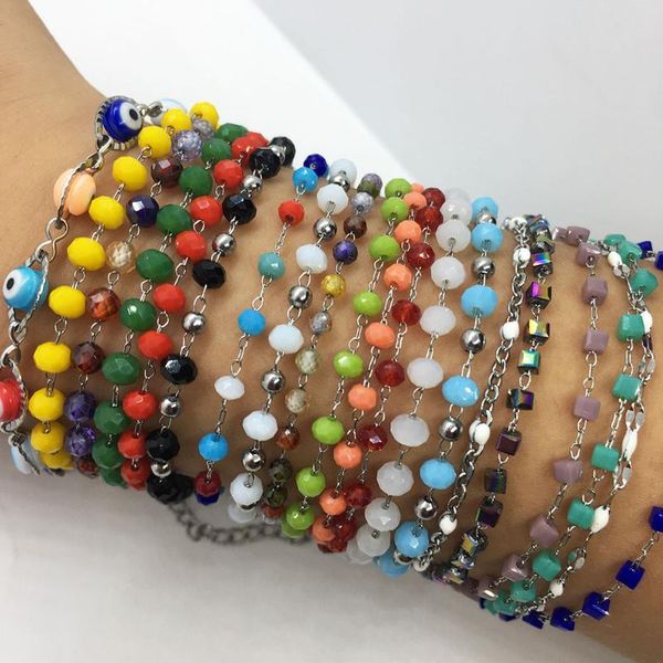 

link, chain multi-style stainless steel thin enamel glass colored beads charm ladies bracelet link jewelry making women, Black