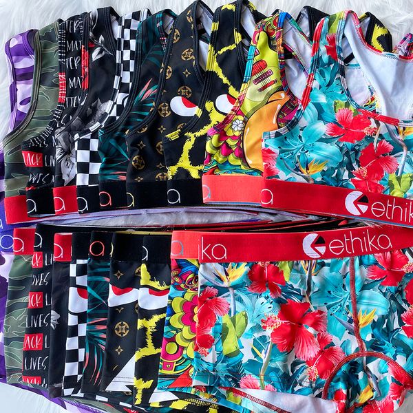 

Women 2 Piece Ethika Set Sports Tracksuits Print Swimsuit Bikini Vest Bra+Shorts Swimming Patchwork Shark Camo Striped Swimwear Beachwear (C, Gray
