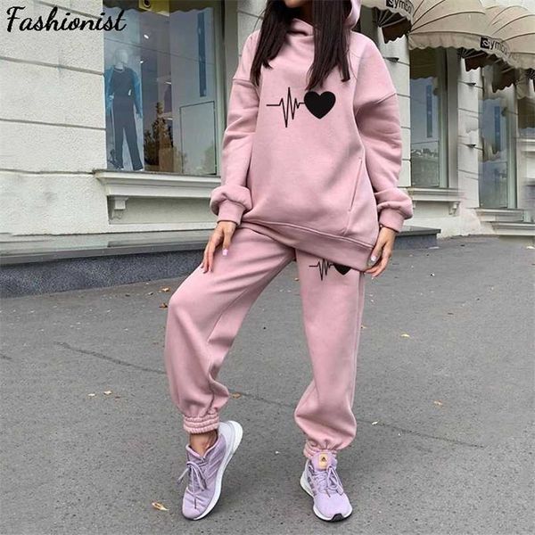 

women's tracksuit set hoodie oversize heart print woman casual two piece sets pants and sweatshirt winter autumn streetwear 210930, White