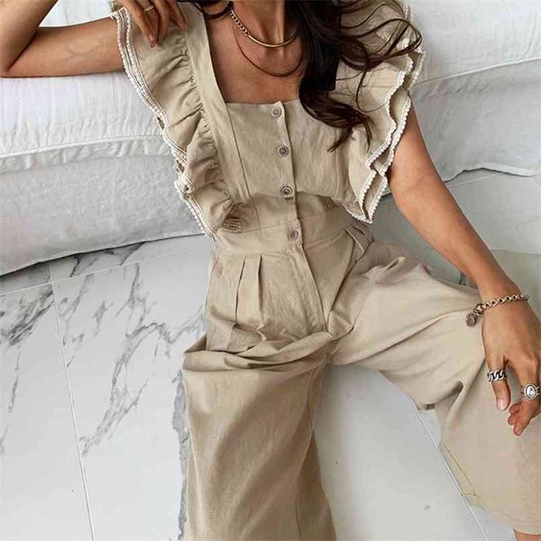 Vintage quadrado colarinho plissado macacão para mulheres casuais sem mangas altas cintura larga perna jumpsuits feminino khaki / macacão preto 210601