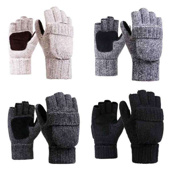 

cycling gloves wool thermal insulation fingerless winter warm knitted convertible mittens flap cover 652d, Black