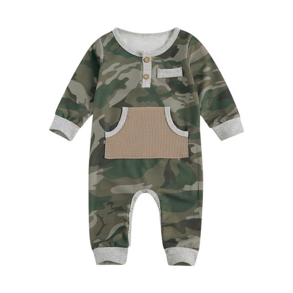 

camouflage print baby jumpsuit born infant boys girls chest button pocket romper autumn long sleeve o-neck playsuit 0-18m jumpsuits, Blue