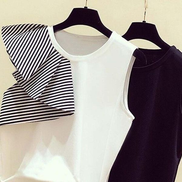 

women's t-shirt 2021 early spring fashion irregular stripe stitching ruffled fake two-piece asymmetrical strapless tee japanese, White