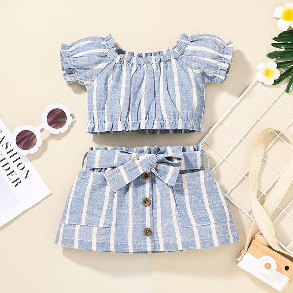 Gils Stripe Shot Tops + Bow Skirt Set Fall 2021 Últimas Crianças Boutique Roupas 0-3t Crianças Fashion 2 Ternos de PC