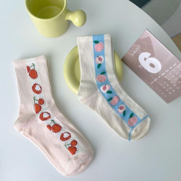 

men's socks 1 pair middle tube girl cotton vertical fruit peach strawberry lychee sweet women, Black
