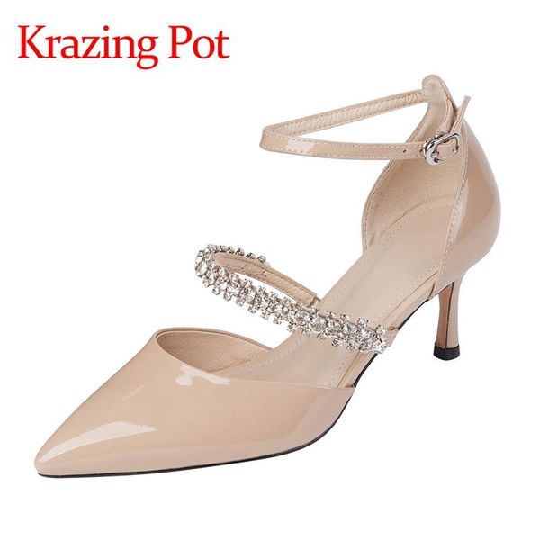 

krazing pot cow patent leather pointed toe thin high heel fairly diamond dress shiny fashion sweet buckle straps women pumps l11 shoes, Black