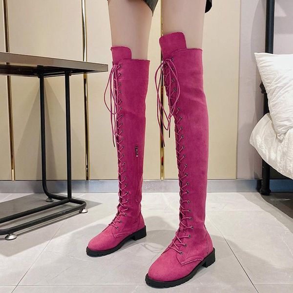 

boots long women shoes lace up over the knee anti-slip platfrom brown heels thigh high for winter, Black