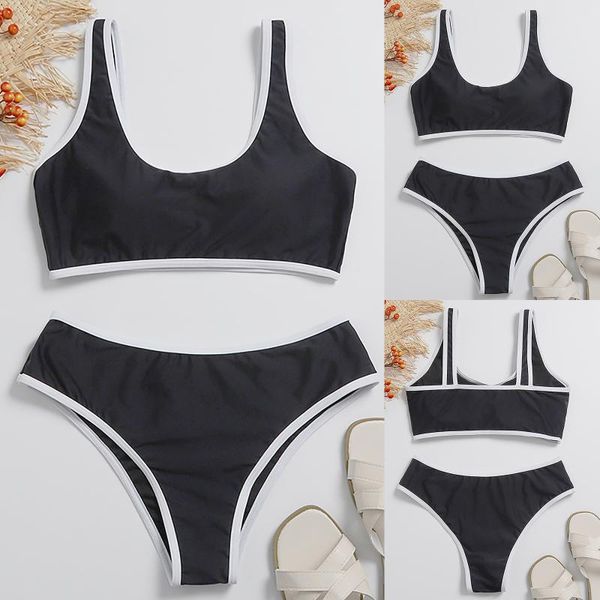 

women's swimwear women high waist fashion bikini set 2021 flounce biquini two pieces female swimsuit solid beachwear bathing suit, White;black
