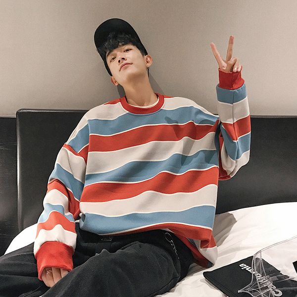 

men's hoodies & sweatshirts stripe printing loose coats round collar cotton clothes casual pullover fashion white/pink/red 3seb, Black