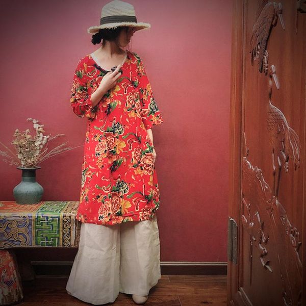 

casual dresses johnature 2021 spring cotton linen print flower button comfortable long sleeve women retro vintage dress, Black;gray