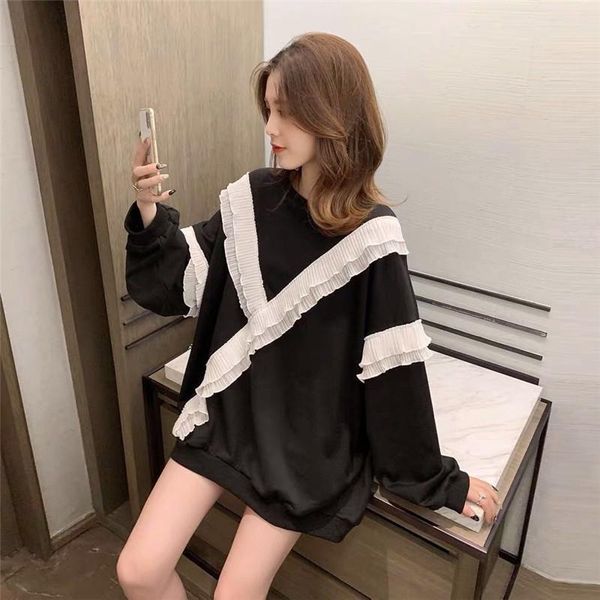 

women's hoodies & sweatshirts spring autumn for women ruffle sweet plus size loose casual female pullover, Black