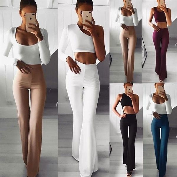 

fashion fitness women's leisure wide leg legged soft solid color high waist flared pants slim, Black;white