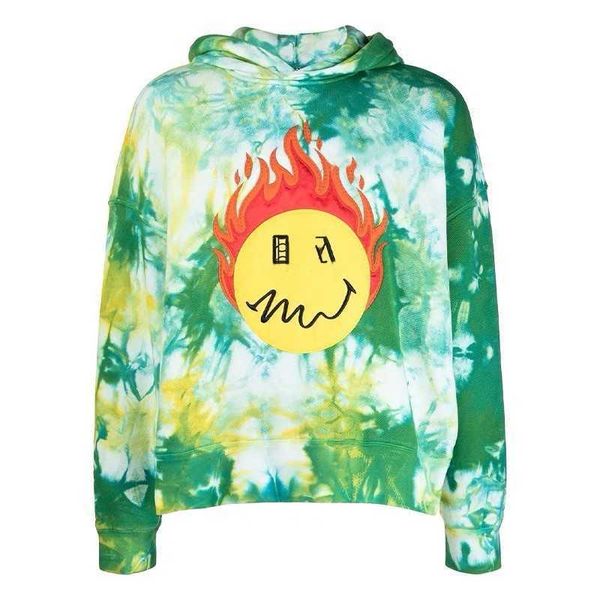 

men's hoodies 21 autumn winter new flame smiling face embroidery tie dye green letter hooded sweater men's and women's style, Black