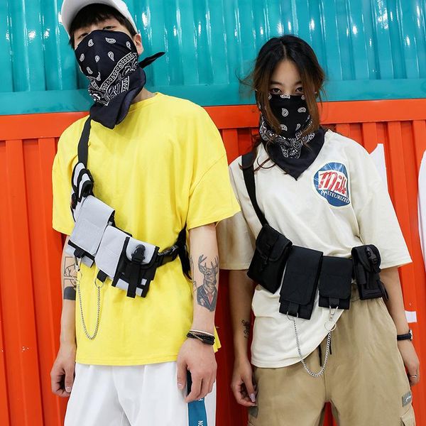 

hip hop outdoor tactical chest bag canvas shoulder messenger men's solid universal for women's backpack waist support, Black;gray