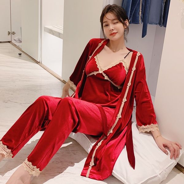 

women's sleepwear women veet 3pcs pajamas set lace cardigan suits camisole pants sets sleep pleuche pijama pyjamas homewear 06ym, Black;red