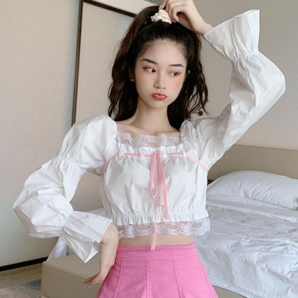 

korean square collar sweet style long sleeve blouses patchwork lace bandage white shirts crop women's clothing autumn &