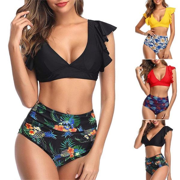 

women's swimwear beach bikinis women vintage swimsuit two piece retro halter ruched high waist print bikini s erotic plus size, White;black