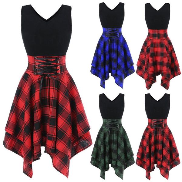 

casual dresses women dress robe fashion lace-up short-sleeved summer irregular hem plaid stitching v-neck woman, Black;gray