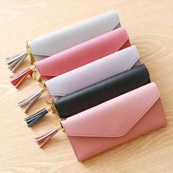 

tassel women long wallet fashion coin purse pu leather envelope design female money bag lady girls hand pouch, Red;black