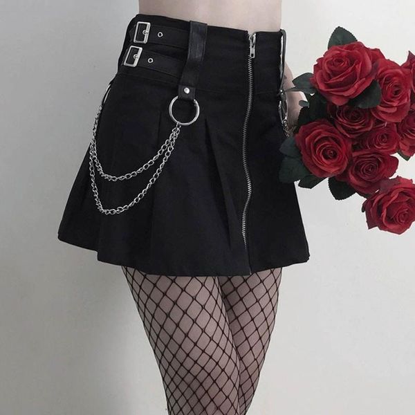 

skirts women skirt gothic pleated fashion zipper chain decoration punk rock streetwear cool slim autumn 2021 female black mini