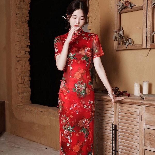 

ethnic clothing ladies short sleeve slim high split cheongsam chinese style stage show red floral print qipao