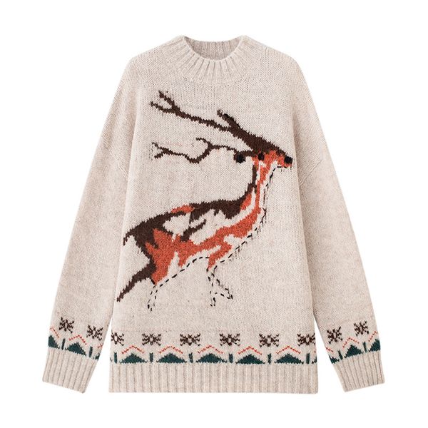 

navy beige red moose sweater o neck knitted pullovers long sleeve winter autumn warm chistmas m0416 210514, White;black