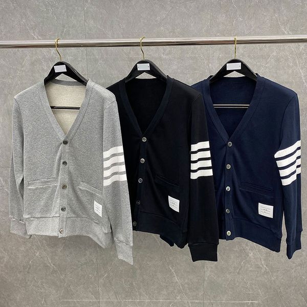 

20 autumn winter cotton tb yarn dyed four bar stripe v-neck cardigan single breasted jacket men's and women's same sweater, White