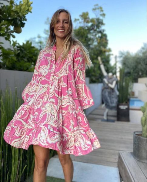 

beach party mini dress 2021 boho printed casual flared sleeve pleated big swing loose v-neck women vestidos dresses, Black;gray