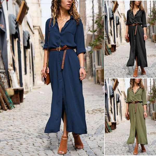 

casual dresses nice women kaftan cotton long sleeve plain button maxi shirt dress for daily 88, Black;gray