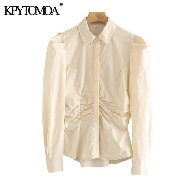 

women fashion fitted waist with elastic gathering blouses puff sleeve button-up female shirts chic 210420, White