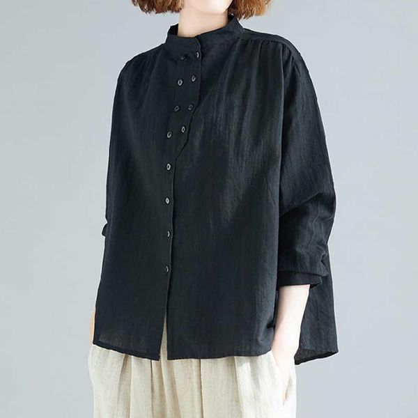 

women's blouses & shirts design sense long sleeve cotton linen shirt loose casual black slim stand collar, White