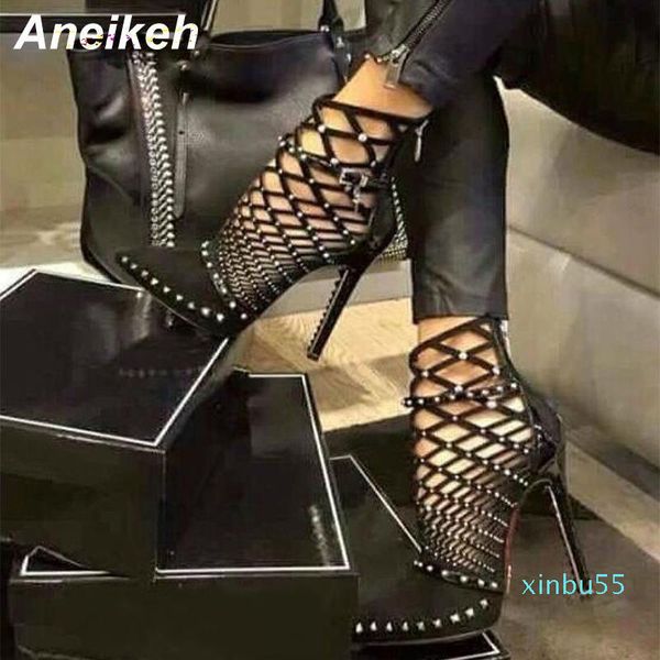 

gladiator roman sandals summer rivet studded cut out caged ankle boots stiletto high heel women shoes pumps pus, Black