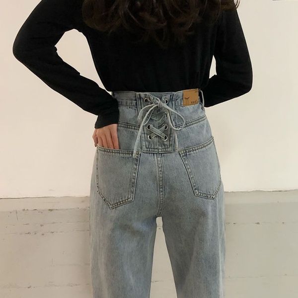

2011Wide Leg Jeans Women High Waist Bow Bandage Long Full-length Vintage Blue Denim Solid Simple Womens Retro Harajuku Cowboy Femme