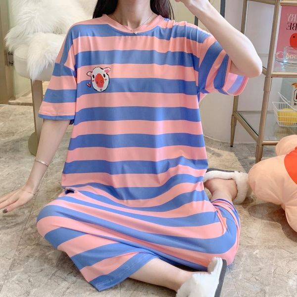 

women's sleepwear striped nightgown casual summer female short sleeve cotton nightwear print cartoon nightdress intimate lingerie, Black;red