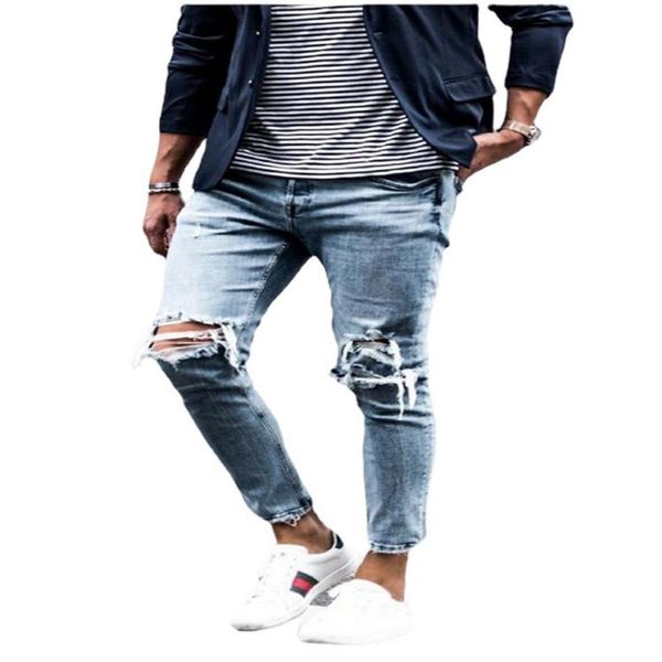 

men's jeans men knee hole ripped stretch skinny denim pants autumn summer hip-hop style streetwear slim fit trousers side pockets, Blue