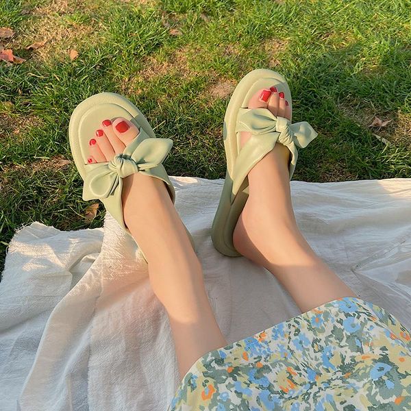 

women sweet bowtie outdoor beach slides woman comfortable soft jelly shoes drop summer casual candy color flat slippers, Black