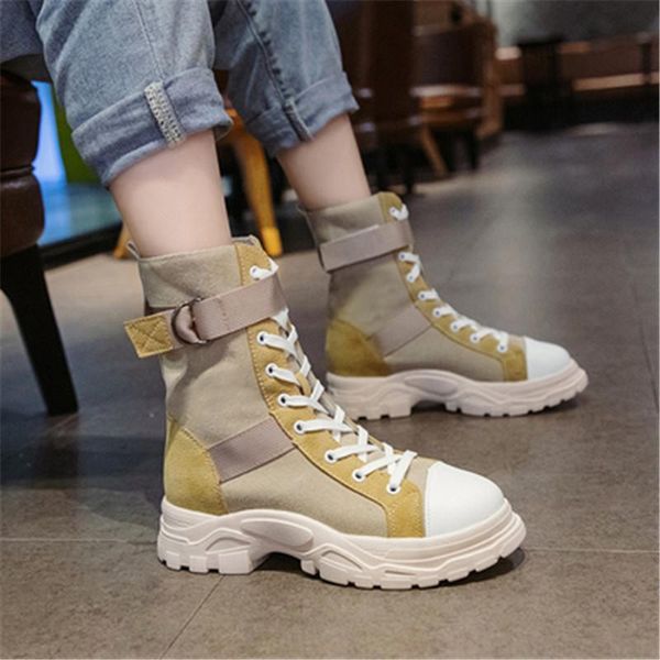 

boots women suede canvas collocation ankle fashion high-casual shoes round toe platform lace-up booties zapatos de mujer, Black