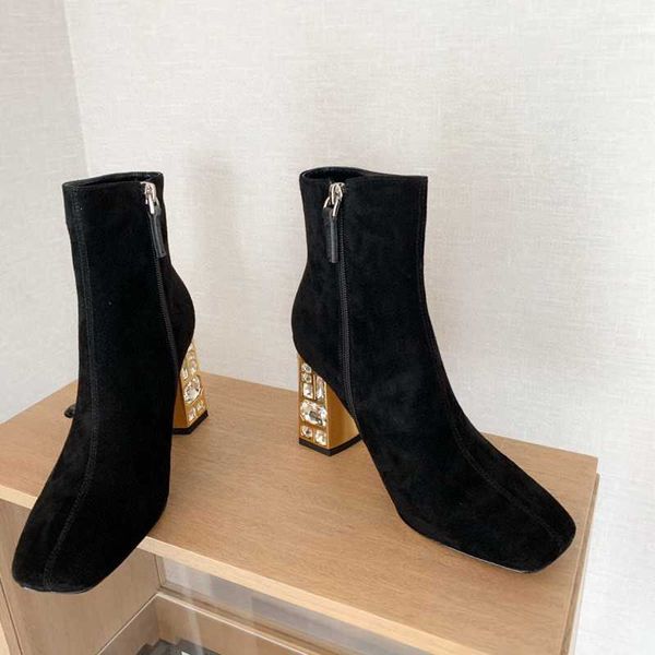 

boots autumn shoes women ankle crystal kid suede high heels zip genuine leather zapatos de mujer, Black