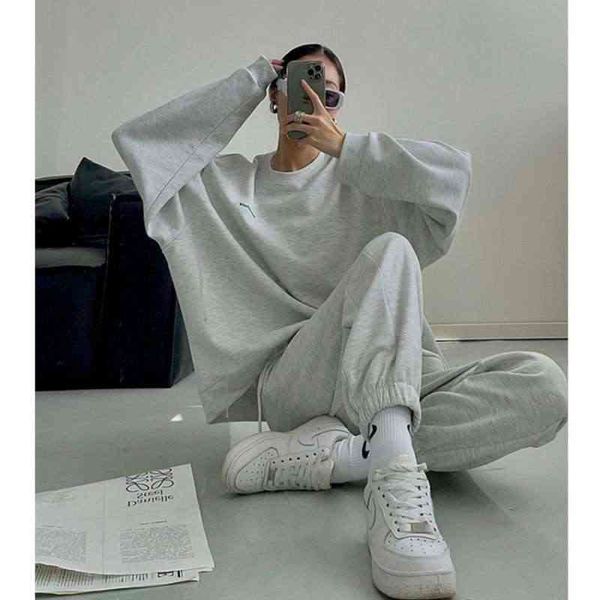 

leisure sports suit women's 2021 spring and autumn new fashion korean version loose thin long sved sweater, Gray