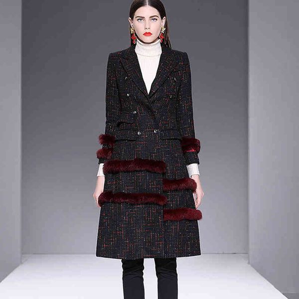 

women's wool & blends fashion designers runway autumn winter jackets and coats women full sleeve fur patchwork vintage long blend overc, Black