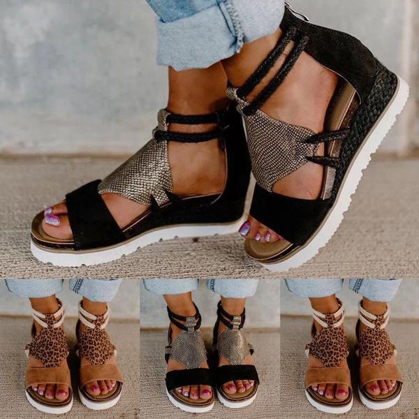 

sandals womens summer ladies fashion casual wedge heel open toe fish mouth foreign trade roman style shoes plus size, Black