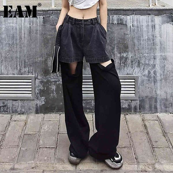 

[eam] high waist black casual denim hollow out long trousers loose fit pants women fashion spring summer 1dd8796 210512, Blue