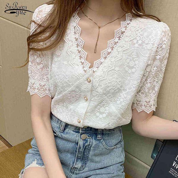 

short-sleeved lace hollow out summer v-neck women shirts single breasted clothing and blouse 13985 210508, White